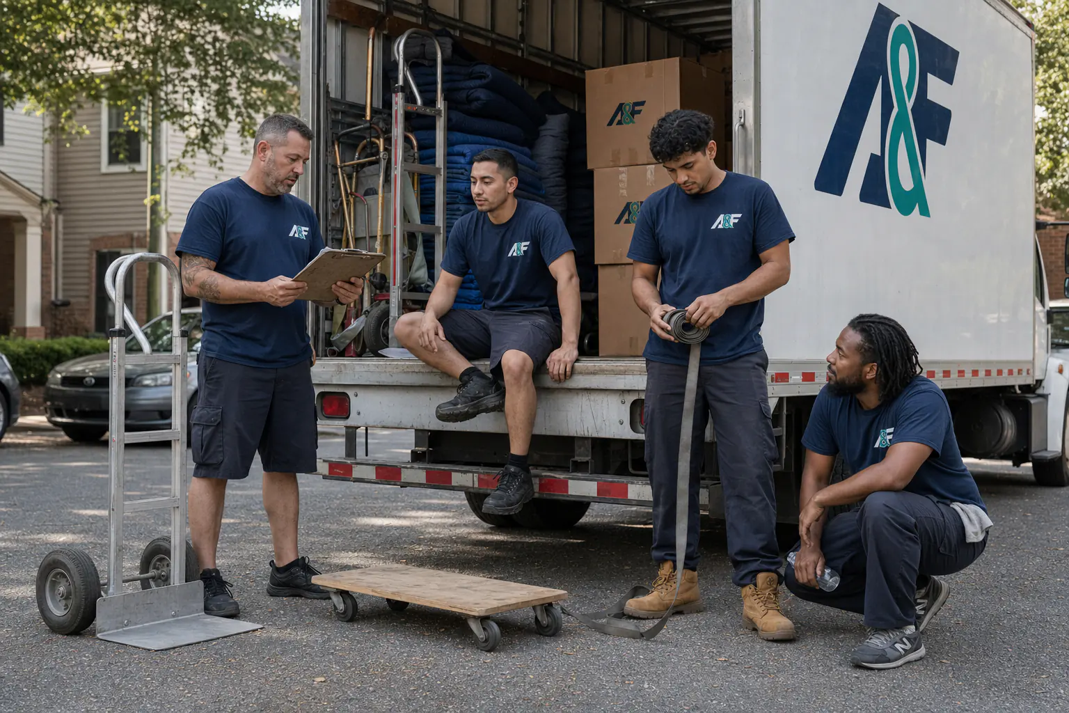 Four A&F movers regrouping beside their open truck with blankets, dollies, straps, and boxes after a job