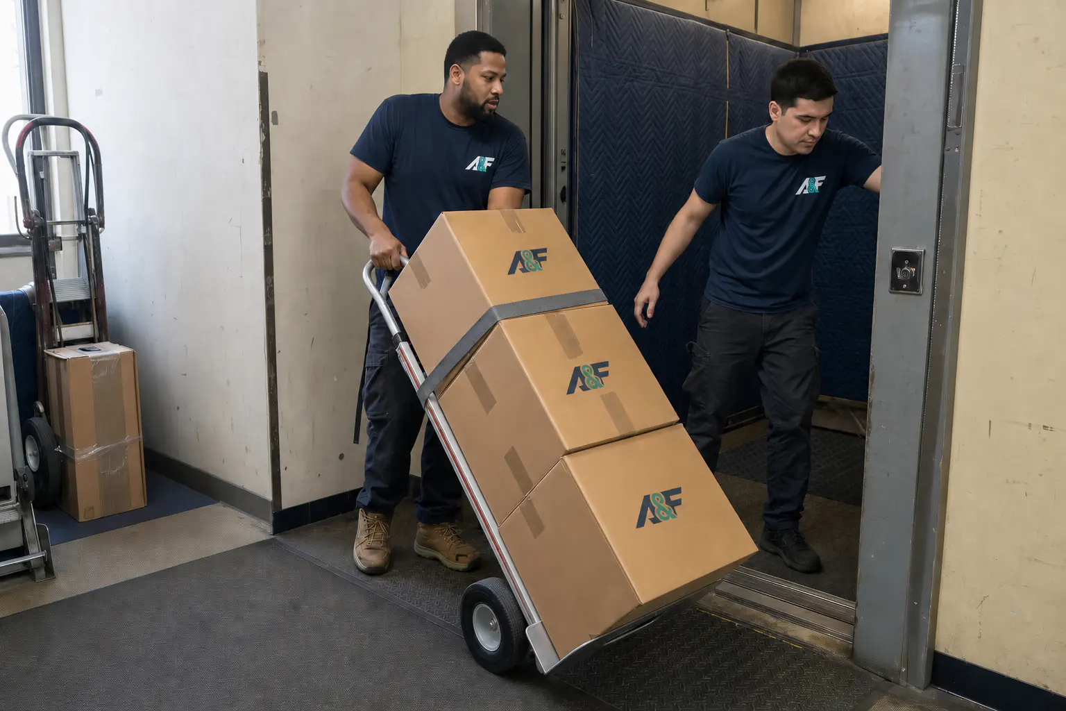 Two A&F movers guiding three strapped moving boxes on an upright hand truck through a protected apartment elevator