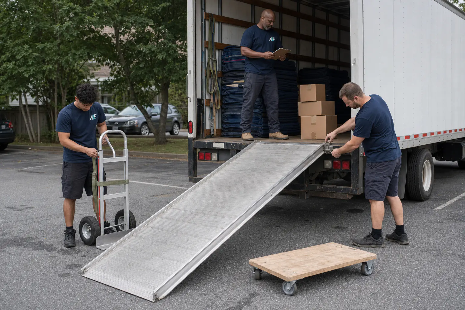 A&F foreman, driver, and helper inspecting the truck ramp, hand truck, blankets, straps, and furniture dolly before a job