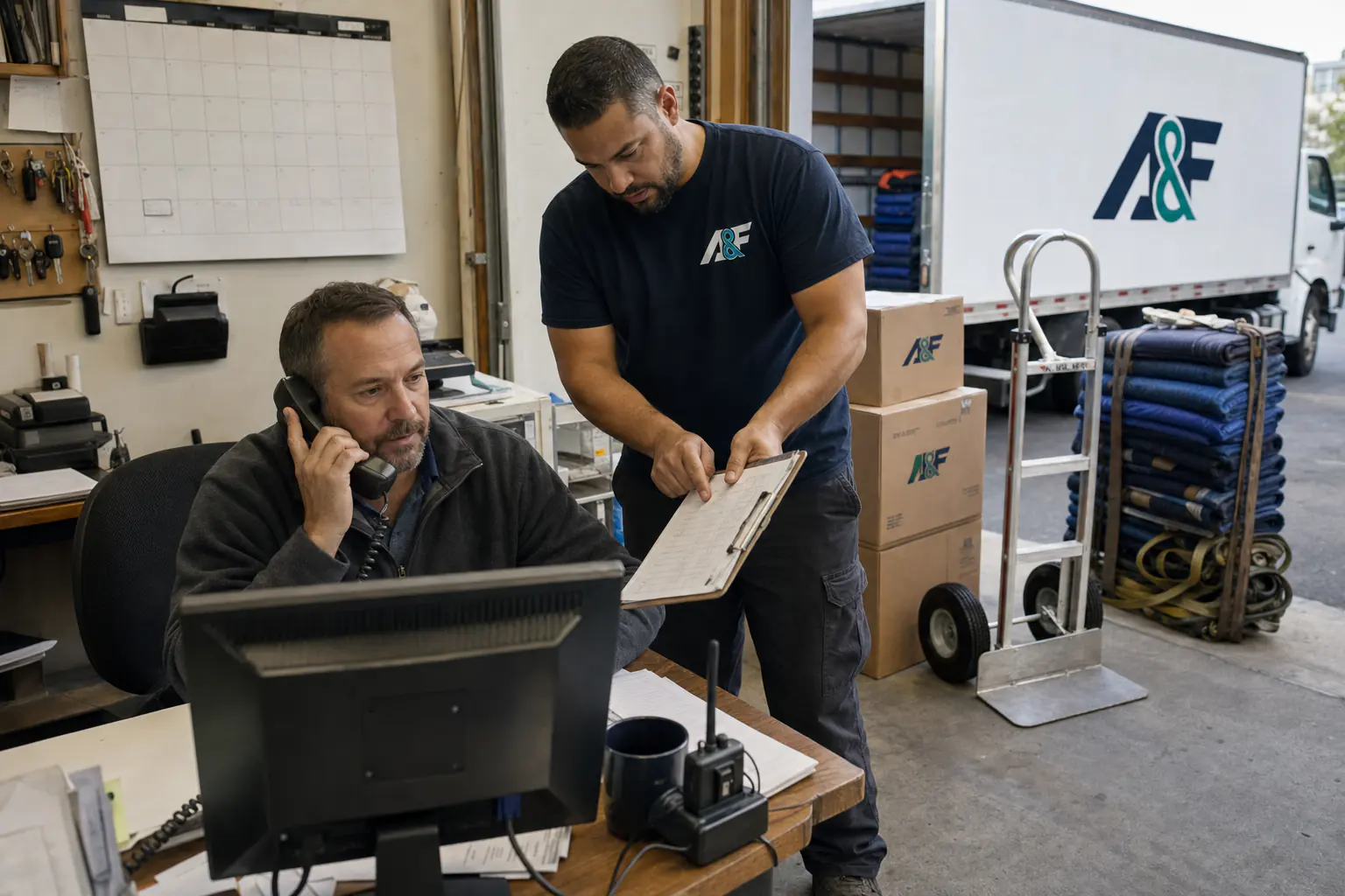 A&F foreman and dispatcher reviewing an unreadable route sheet during a customer phone call