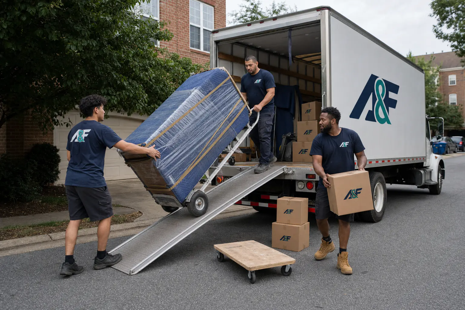 A&F moving crew unloading a blanket-wrapped dresser from a branded box truck on a residential move