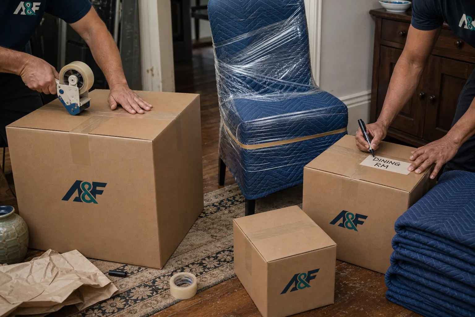 A&F movers taping and labeling branded boxes beside a blanket-wrapped dining chair