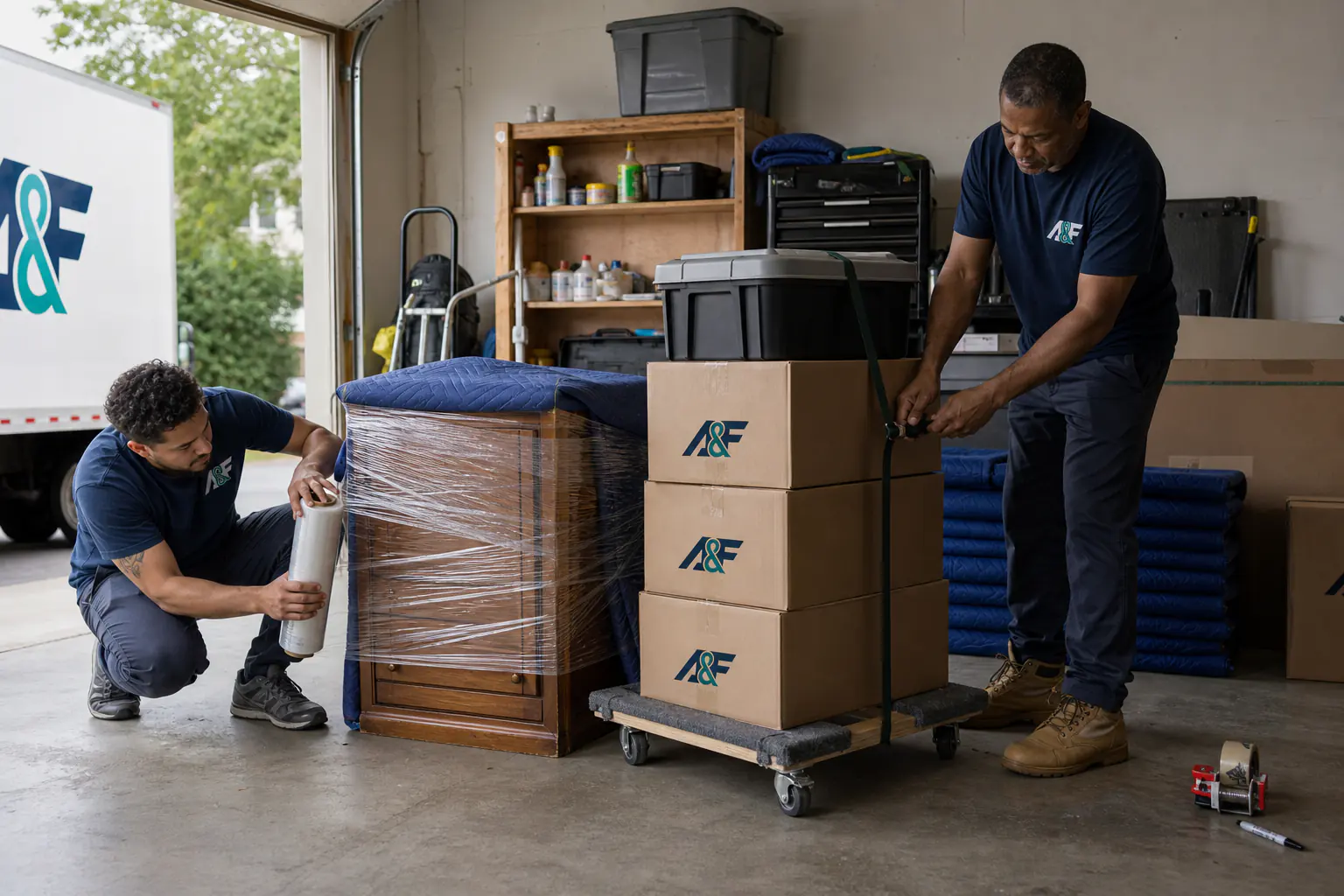 A&F movers stretch-wrapping furniture and strapping boxes to a furniture dolly for storage