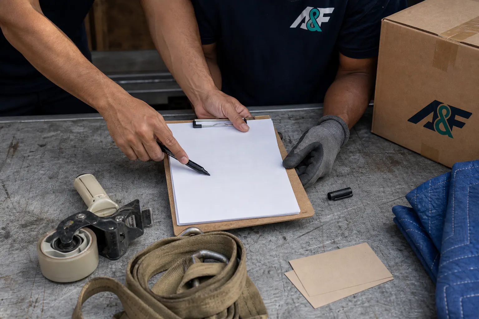 A&F movers reviewing a blank inventory sheet on a worn truck work surface beside tape, straps, labels, and a moving blanket