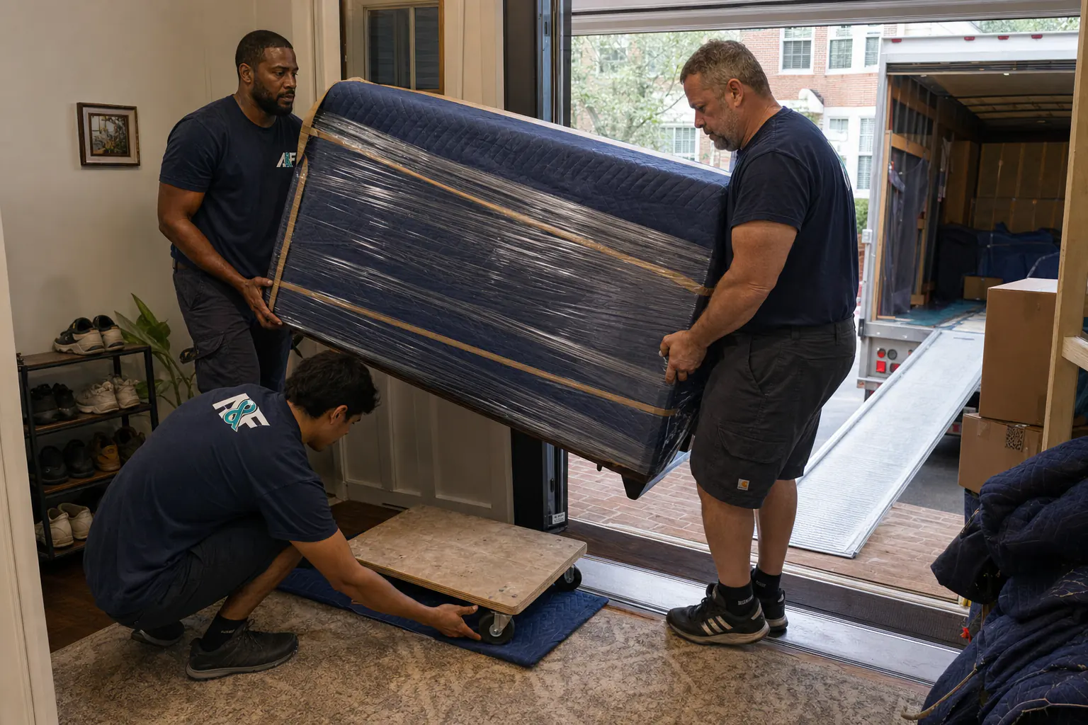 Moving crew carrying a wrapped piece of furniture from a home