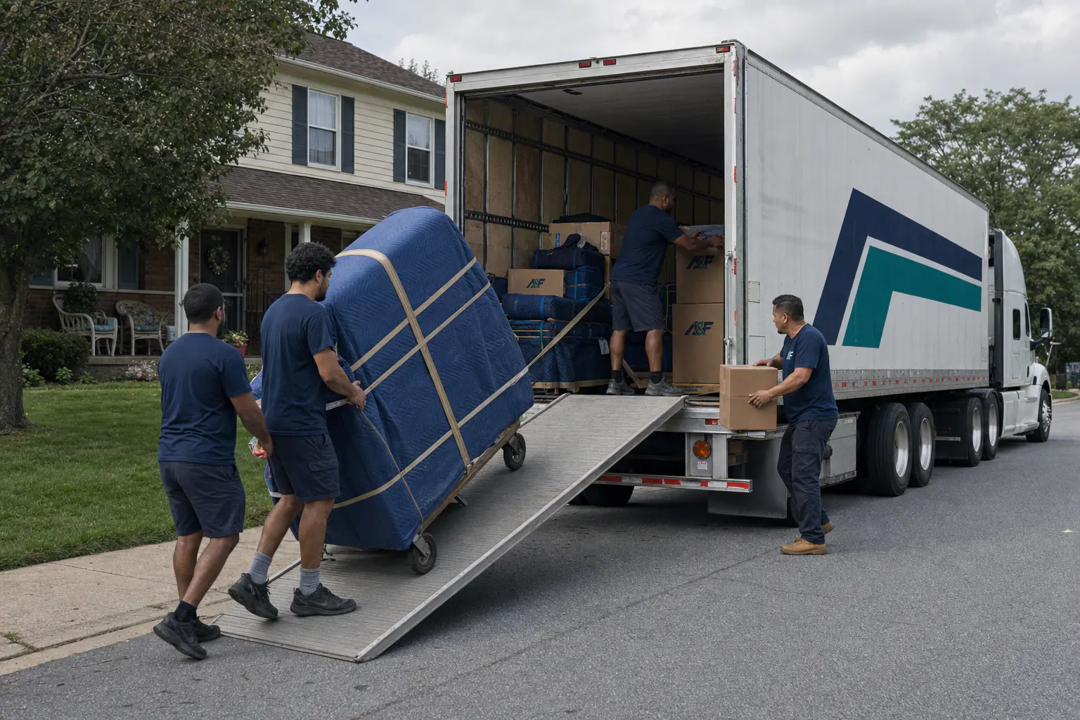 Moving professionals loading protected household goods for a long-distance move