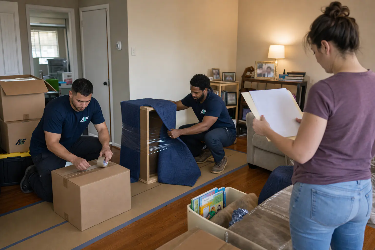 A&F movers packing and blanket-wrapping household belongings while a customer reviews private move paperwork