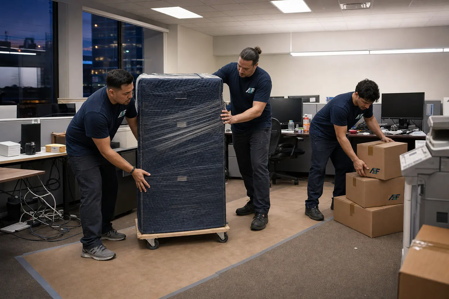 Moving team handling labeled office furniture during a workplace relocation