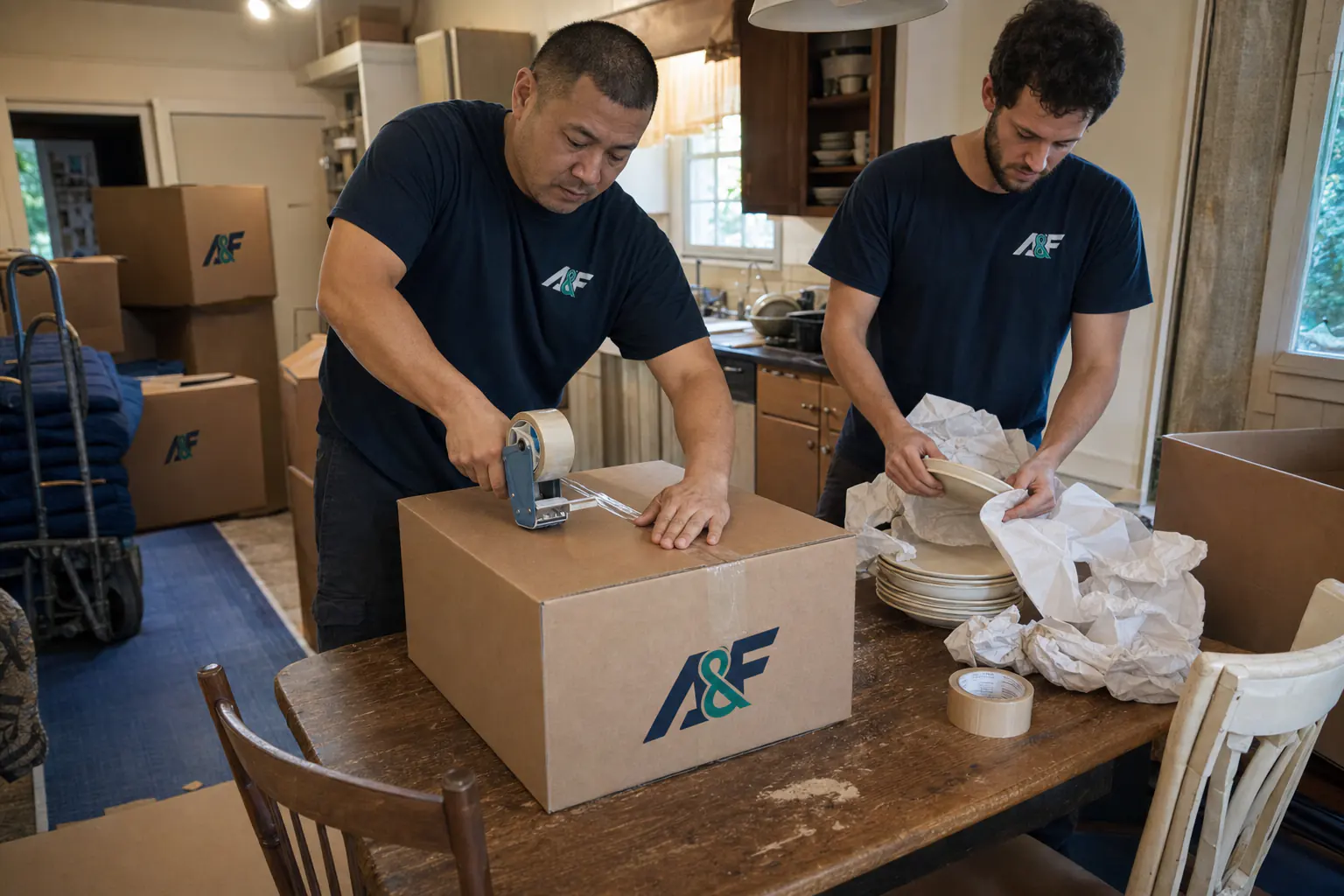 Professional mover packing household items into a clearly labeled box