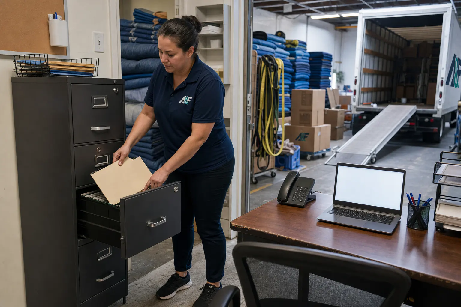 A&F office coordinator filing a closed customer folder in a lockable cabinet beside the working moving warehouse