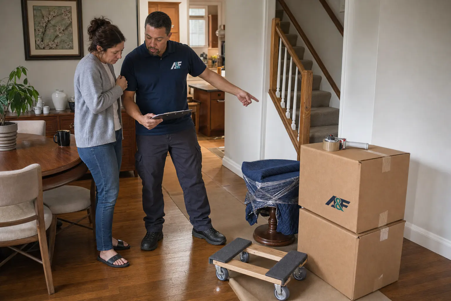 A&F foreman and customer reviewing access and inventory details during a pre-move walkthrough