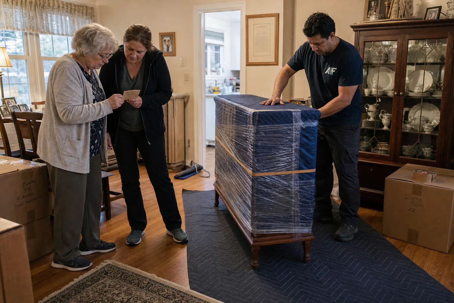 Mover speaking with an older adult while carefully preparing a household move