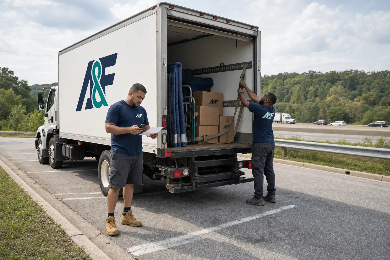 A&F movers checking a secured truck load and route at an interstate rest-area pull-off