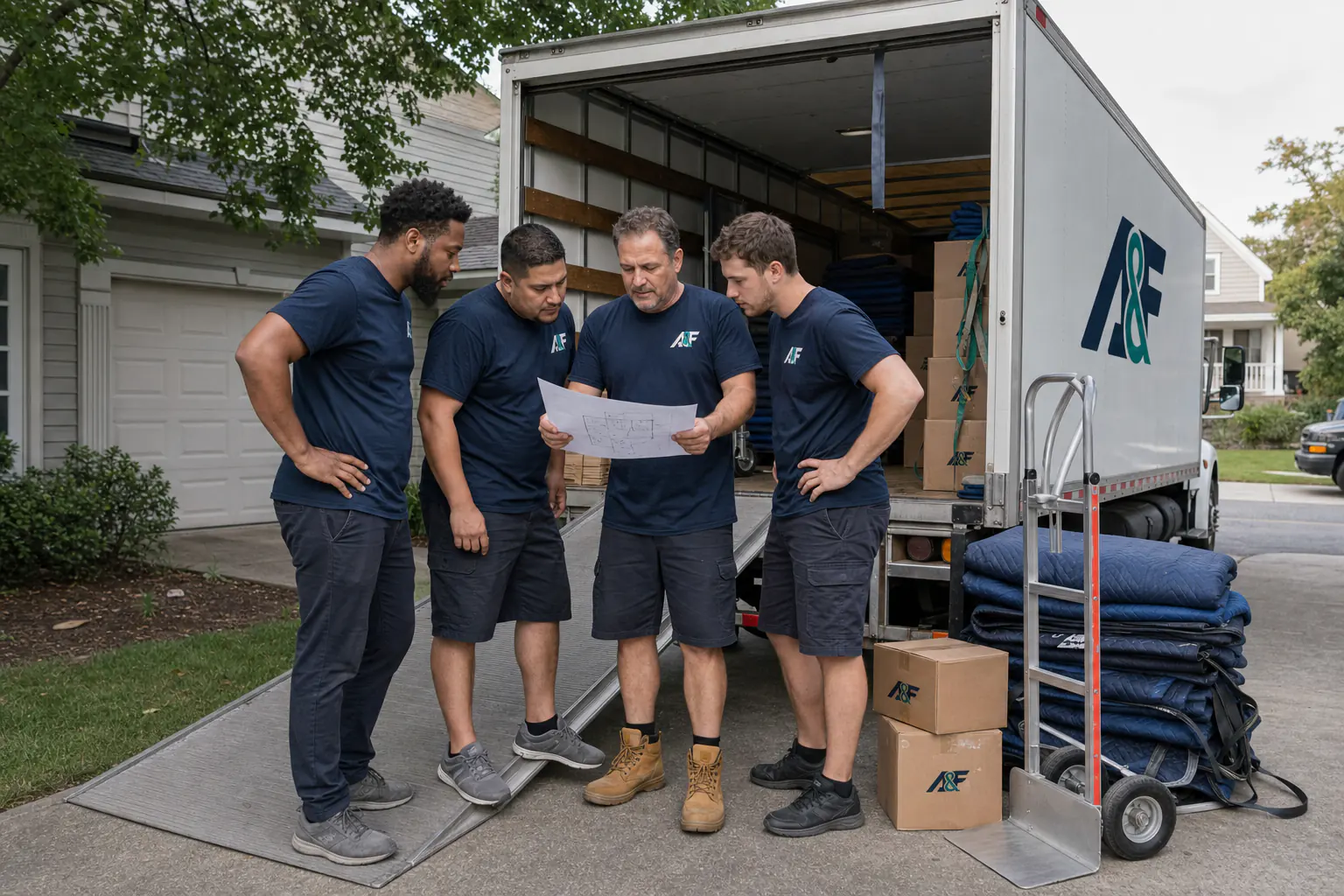 A&F moving crew reviewing the room plan beside an open truck, ramp, blankets, boxes, and moving equipment