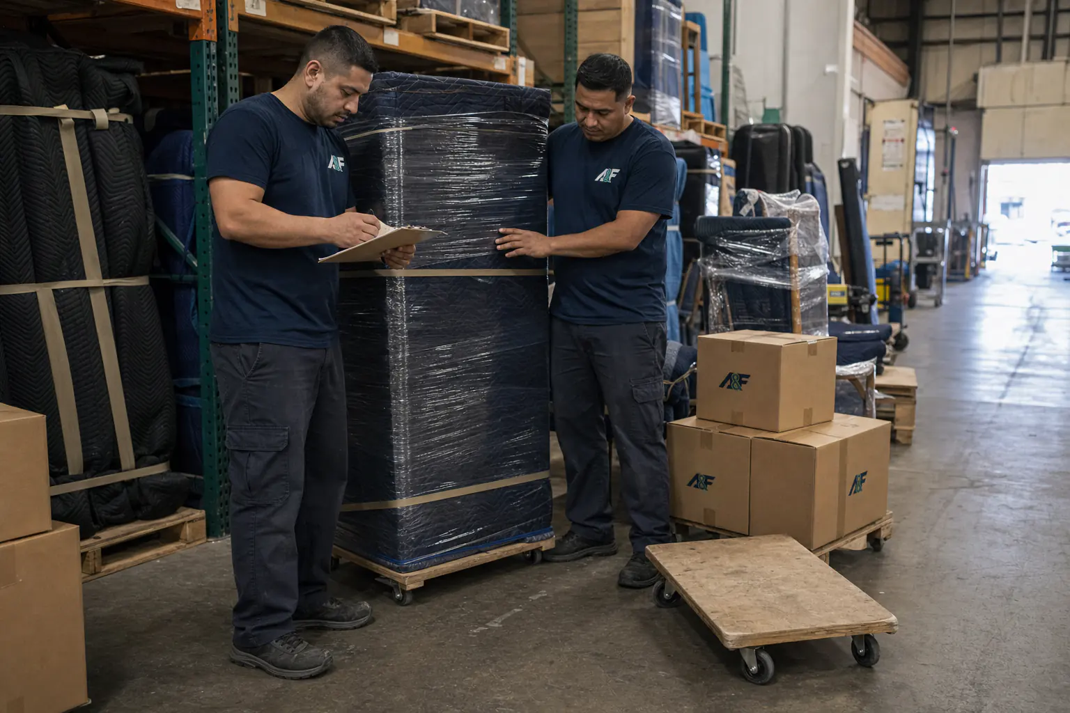 Organized wrapped furniture and moving boxes in a clean storage facility