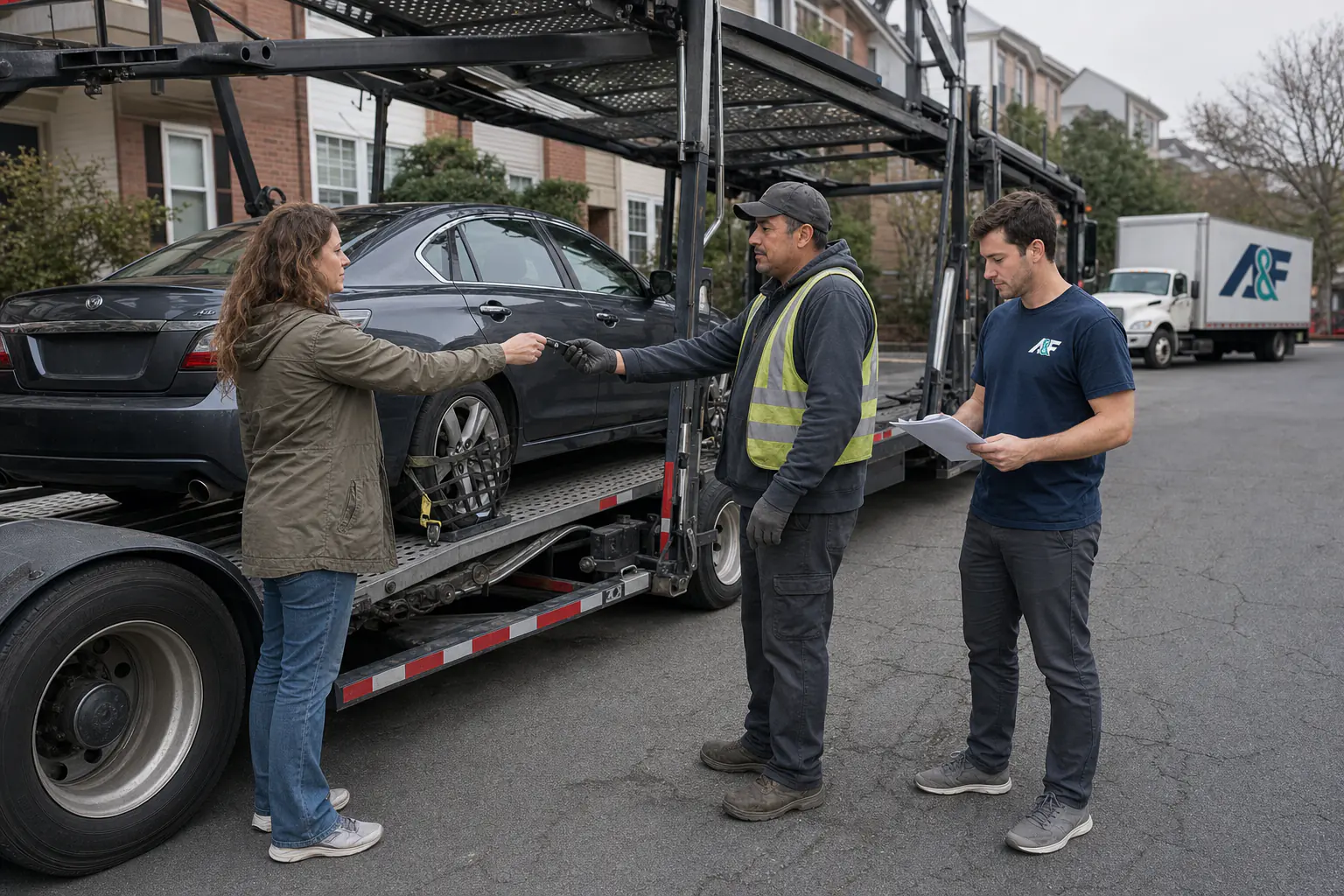 Customer handing vehicle keys to an independent vehicle transport professional